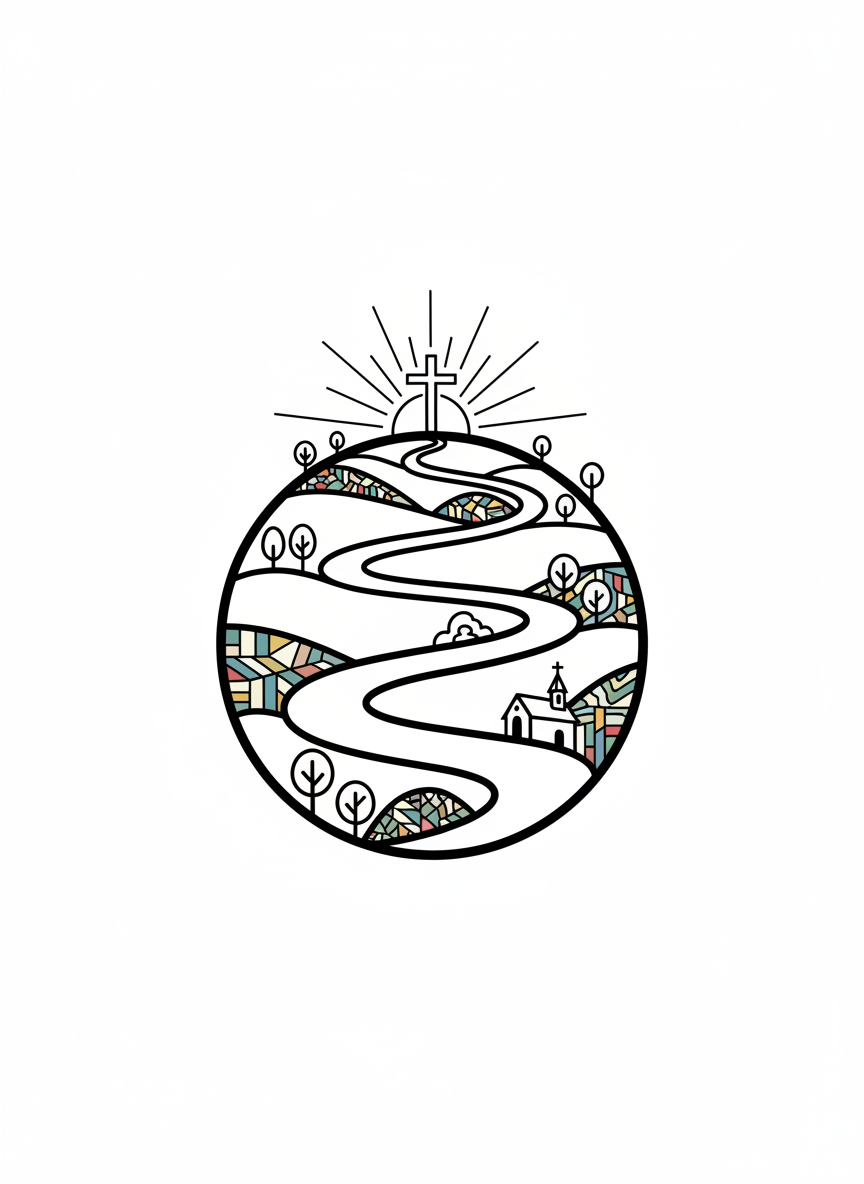 A bold, minimalist line-art illustration of a winding pilgrimage path that spirals like a gentle sphere through rolling hills, leading toward a simple cross atop a distant hill. The path is drawn with thick, confident black lines, bordered by stylized trees, a small chapel silhouette, and abstract hints of stained-glass windows embedded in the landscape. Soft, implied sunrise light radiates in linear rays from behind the cross, creating a hopeful, welcoming mood. The composition is centered with the path drawing the eye inward, using clean white space for a modern, contemplative feel, perfect as a universal hero image for a Christian pilgrimage community site.