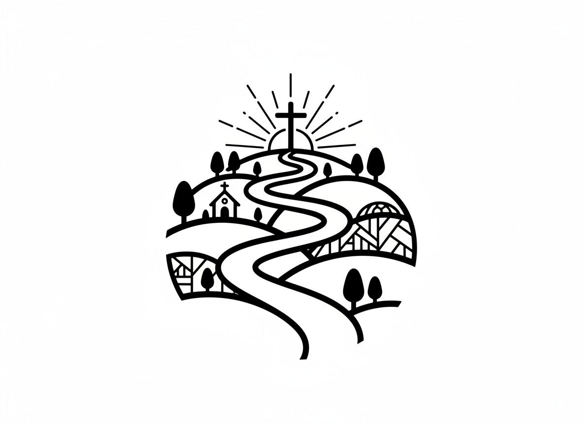 A bold, minimalist line-art illustration of a winding pilgrimage path that spirals like a gentle sphere through rolling hills, leading toward a simple cross atop a distant hill. The path is drawn with thick, confident black lines, bordered by stylized trees, a small chapel silhouette, and abstract hints of stained-glass windows embedded in the landscape. Soft, implied sunrise light radiates in linear rays from behind the cross, creating a hopeful, welcoming mood. The composition is centered with the path drawing the eye inward, using clean white space for a modern, contemplative feel, perfect as a universal hero image for a Christian pilgrimage community site.