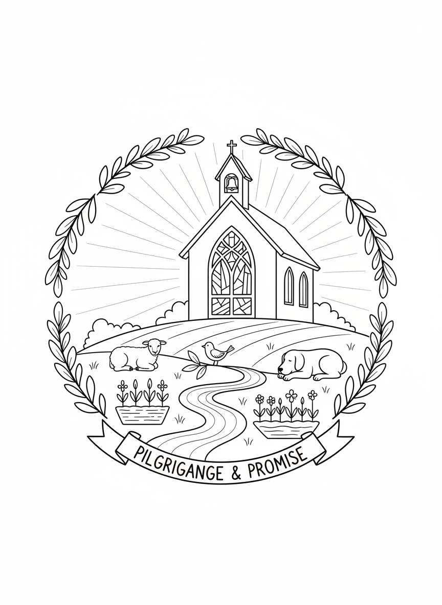 A nurturing line-art composition of a simple country chapel on a hill, surrounded by symbols of community and care. The chapel’s outline is crisp, with a single bell tower and a large arched window filled with abstract stained-glass segments. Around the hill, small, stylized animals—a lamb, a bird, and a gentle dog—rest beside simplified garden beds and a flowing stream, all rendered in clean, expressive lines. Subtle rays of morning light rise behind the chapel, suggested by radiating linear patterns. Framed with the chapel slightly off-center using the rule of thirds, the overall mood is welcoming and protective, celebrating Christian pilgrimage woven with creation care and shared belonging.