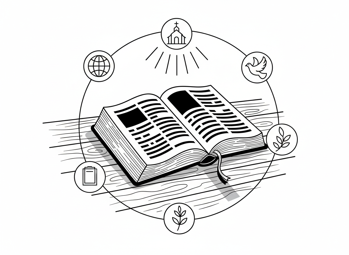 A detailed line-art scene of an open Bible resting on a simple wooden table, pages slightly curved, with delicate, bold lines indicating text and chapter divisions without any readable words. Around it, minimalist icons of a globe, a small church, a dove, and a leafy branch orbit in a subtle spherical pattern, suggesting a haven of global fellowship and care. Gentle, radiating lines imply warm lamplight from above, casting symbolic shadows that form a cross across the table’s surface. The mood is intimate and focused, captured at eye level with balanced composition, emphasizing Bible study, meditation, and shared spiritual growth in a clean, modern style.