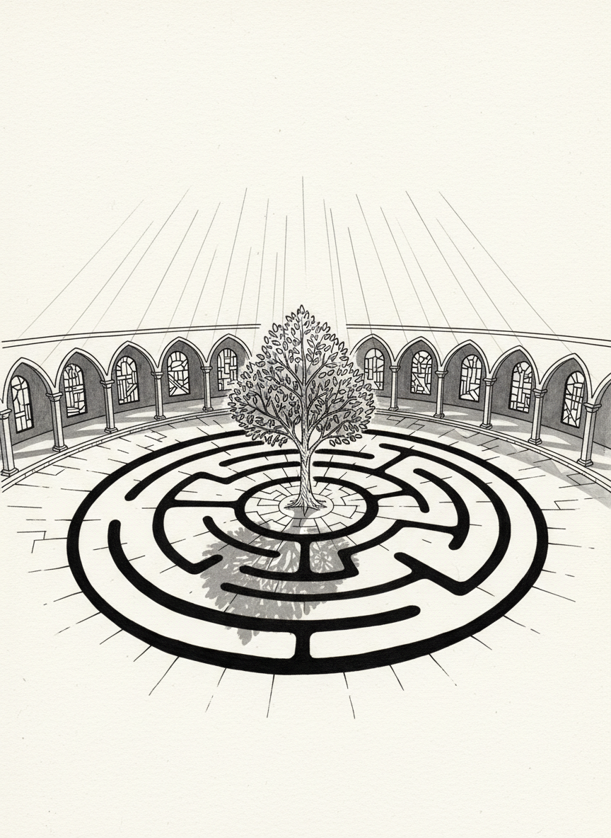 A contemplative line-art illustration of a quiet pilgrimage courtyard: a circular stone labyrinth embedded in the ground framed by low, arched cloister walls. Within the arches, simplified outlines hint at stained-glass panels, each pane rendered as geometric fragments without figurative imagery. In the labyrinth’s center stands a stylized, leafy tree, suggesting restoration and growth. Soft, outward-spreading lines evoke gentle afternoon light filtering in from above, creating calm, meditative shadows around the labyrinth’s curves. Drawn from a slightly elevated angle with strong, confident strokes and ample white space, the composition feels serene yet bold, inviting viewers into a rhythm of walking, prayer, and reflection.