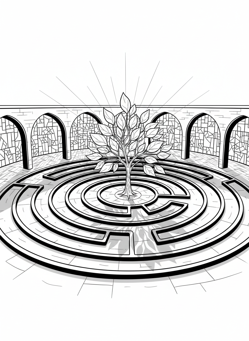 A contemplative line-art illustration of a quiet pilgrimage courtyard: a circular stone labyrinth embedded in the ground framed by low, arched cloister walls. Within the arches, simplified outlines hint at stained-glass panels, each pane rendered as geometric fragments without figurative imagery. In the labyrinth’s center stands a stylized, leafy tree, suggesting restoration and growth. Soft, outward-spreading lines evoke gentle afternoon light filtering in from above, creating calm, meditative shadows around the labyrinth’s curves. Drawn from a slightly elevated angle with strong, confident strokes and ample white space, the composition feels serene yet bold, inviting viewers into a rhythm of walking, prayer, and reflection.