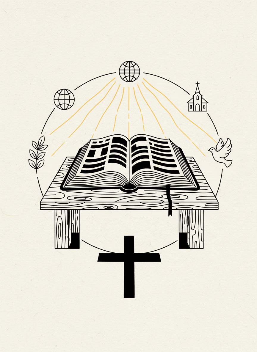 A detailed line-art scene of an open Bible resting on a simple wooden table, pages slightly curved, with delicate, bold lines indicating text and chapter divisions without any readable words. Around it, minimalist icons of a globe, a small church, a dove, and a leafy branch orbit in a subtle spherical pattern, suggesting a haven of global fellowship and care. Gentle, radiating lines imply warm lamplight from above, casting symbolic shadows that form a cross across the table’s surface. The mood is intimate and focused, captured at eye level with balanced composition, emphasizing Bible study, meditation, and shared spiritual growth in a clean, modern style.
