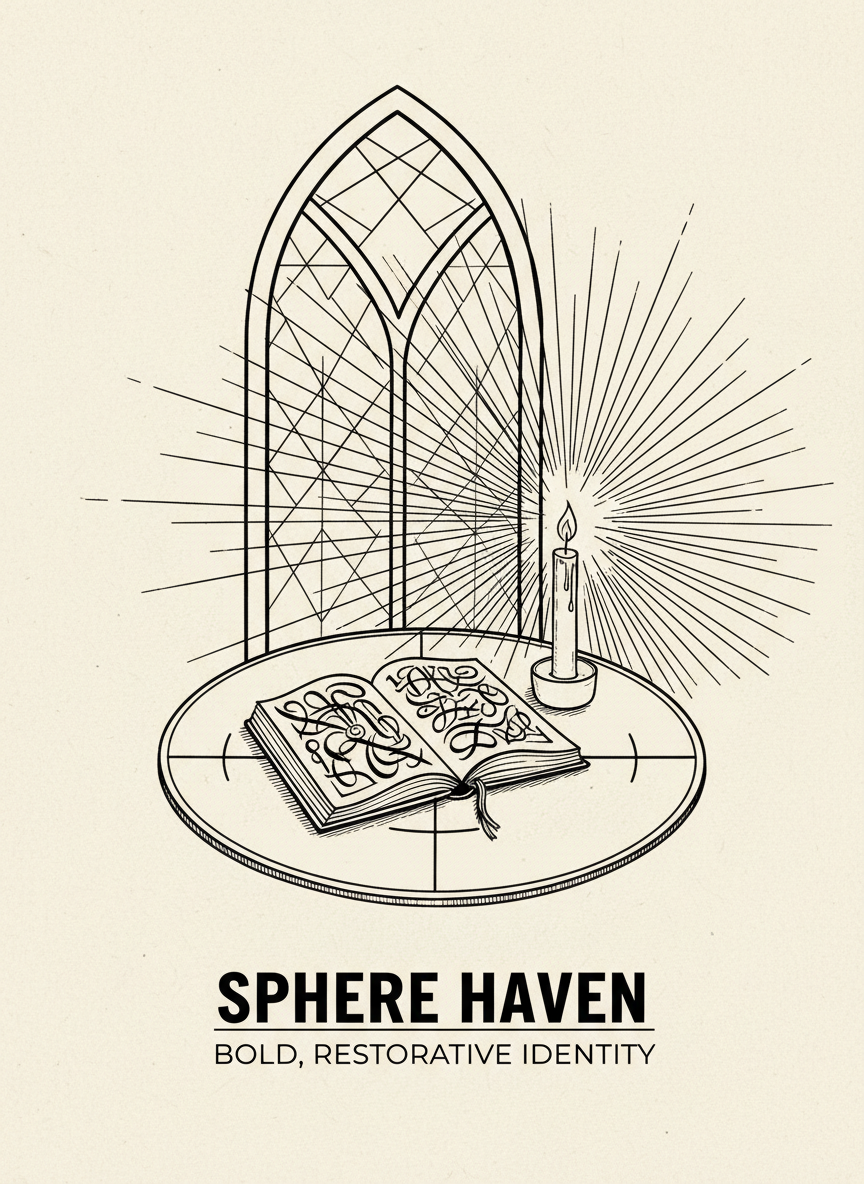 A dynamic line-art depiction of a circular meditation and creative-restoration corner: a round rug patterned with a discreet cross motif, an open sketchbook with abstract scripture-inspired designs, and a lit candle in a simple holder, all arranged in a tight, harmonious composition. Behind them, a large arched window outline suggests a church setting, with faint geometric stained-glass patterns indicated only by intersecting lines. Light beams, illustrated as bold linear strokes, stream in from the window, converging on the sketchbook and candle to symbolize inspiration in Christ. Captured from a slightly elevated, intimate angle, the atmosphere is focused yet energizing, echoing Sphere Haven’s bold, restorative identity.