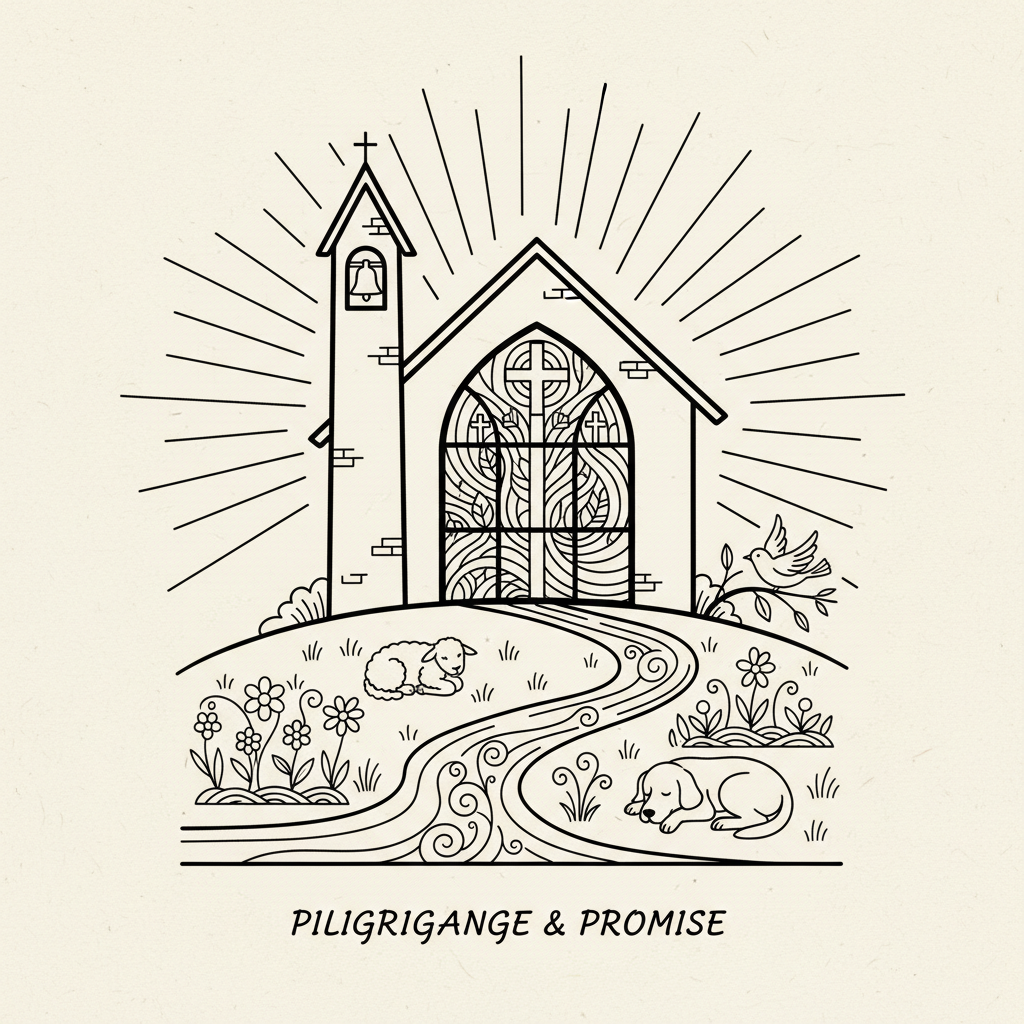 A nurturing line-art composition of a simple country chapel on a hill, surrounded by symbols of community and care. The chapel’s outline is crisp, with a single bell tower and a large arched window filled with abstract stained-glass segments. Around the hill, small, stylized animals—a lamb, a bird, and a gentle dog—rest beside simplified garden beds and a flowing stream, all rendered in clean, expressive lines. Subtle rays of morning light rise behind the chapel, suggested by radiating linear patterns. Framed with the chapel slightly off-center using the rule of thirds, the overall mood is welcoming and protective, celebrating Christian pilgrimage woven with creation care and shared belonging.