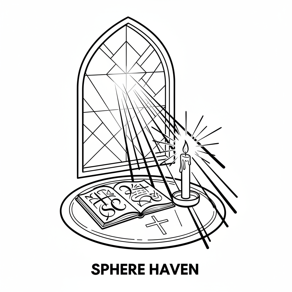 A dynamic line-art depiction of a circular meditation and creative-restoration corner: a round rug patterned with a discreet cross motif, an open sketchbook with abstract scripture-inspired designs, and a lit candle in a simple holder, all arranged in a tight, harmonious composition. Behind them, a large arched window outline suggests a church setting, with faint geometric stained-glass patterns indicated only by intersecting lines. Light beams, illustrated as bold linear strokes, stream in from the window, converging on the sketchbook and candle to symbolize inspiration in Christ. Captured from a slightly elevated, intimate angle, the atmosphere is focused yet energizing, echoing Sphere Haven’s bold, restorative identity.