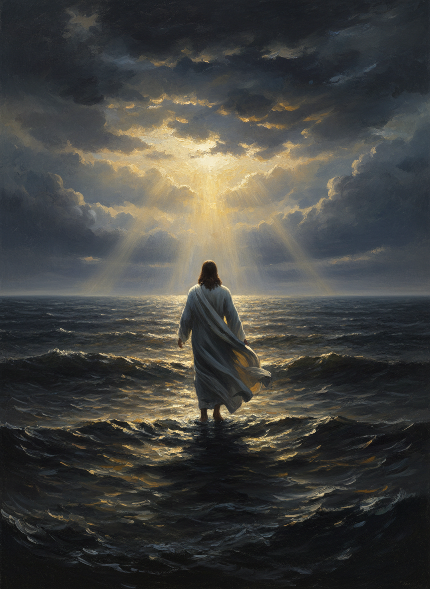 A Romantic oil painting in the style of Caspar David Friedrich — a lone figure of Jesus stands on the surface of dark, turbulent water, viewed from behind, robes billowing in the wind. He faces an vast, dramatic seascape with stormy clouds parting to reveal golden divine light breaking through from above, illuminating the water around his feet. The horizon stretches wide, with distant waves and a sense of infinite, awe-inspiring scale. Deep chiaroscuro shadows, golden glowing light, rich dark tones — reverent, sublime, and transcendent.