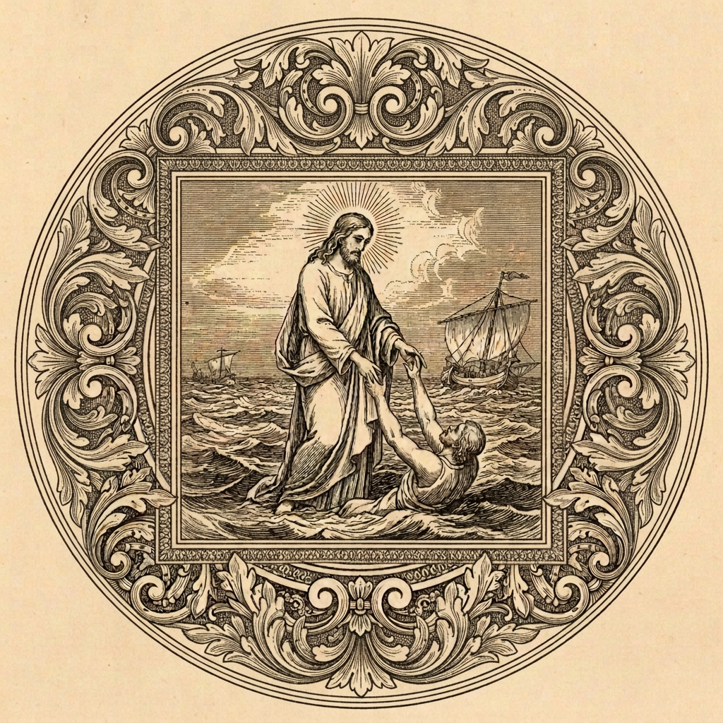 A perfect square crop recreation of a Victorian antique Bible engraving medallion. The entire composition is centred: Jesus stands tall on the water reaching down to lift Peter who sinks below the waves, with a sailing boat in the stormy background. The scene sits inside an ornate circular medallion border with elaborate baroque acanthus leaf scrollwork flourishes extending left and right — exactly like the reference image. The medallion and its decorative frame fill the entire square canvas edge to edge, perfectly centred with equal space on all sides. Fine dense crosshatched engraving linework, black ink on aged cream/ivory tones, no color, Gustave Doré woodcut style, halo rendered in radiant engraved lines. The subject is dead-centre so when cropped to a circle the medallion fits perfectly. Remove any border of empty Space